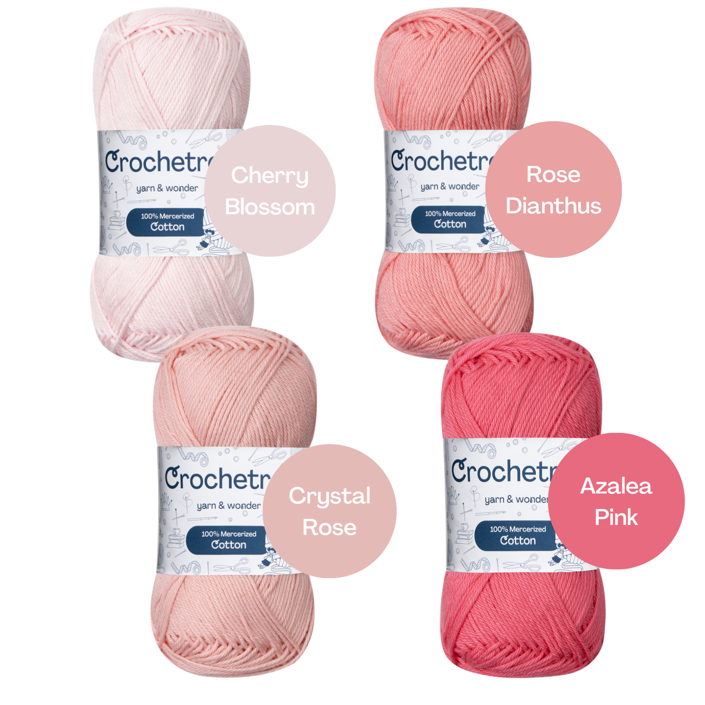 Crochetree Pink Shades yarn shades: 4 skeins labeled