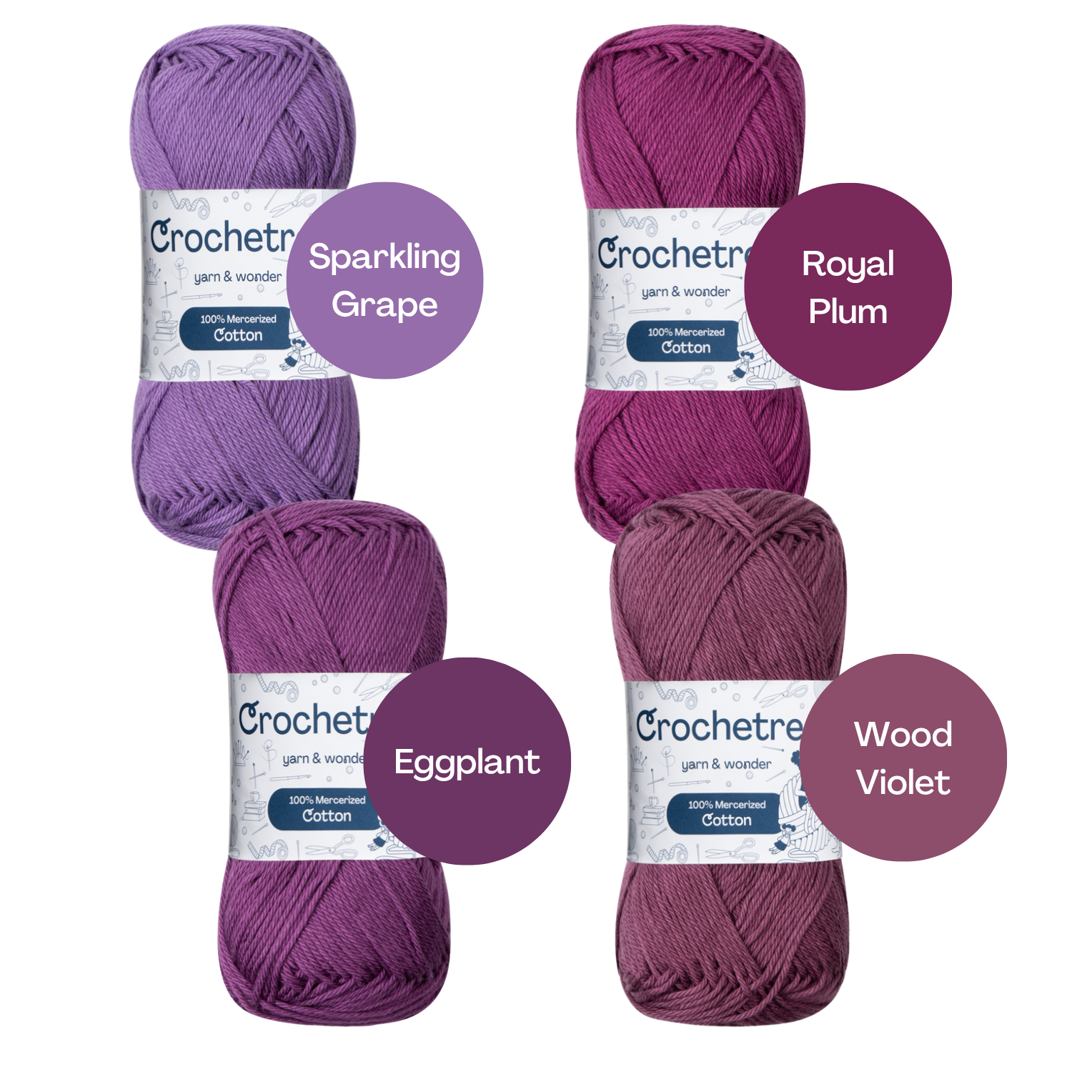 Crochetree Purple Spell yarn shades: 4 skeins labeled