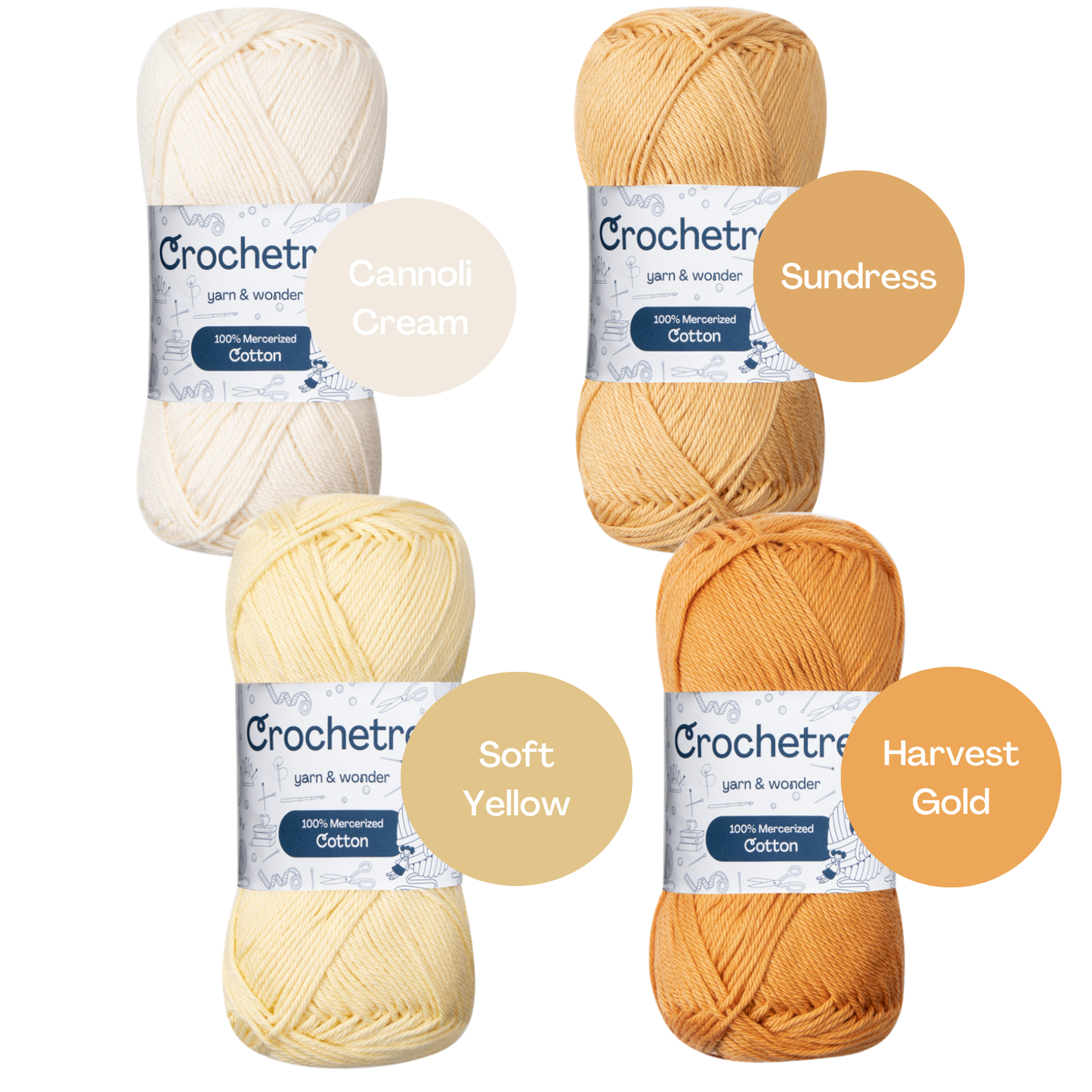 Crochetree Royal Gold yarn shades: 4 skeins labeled