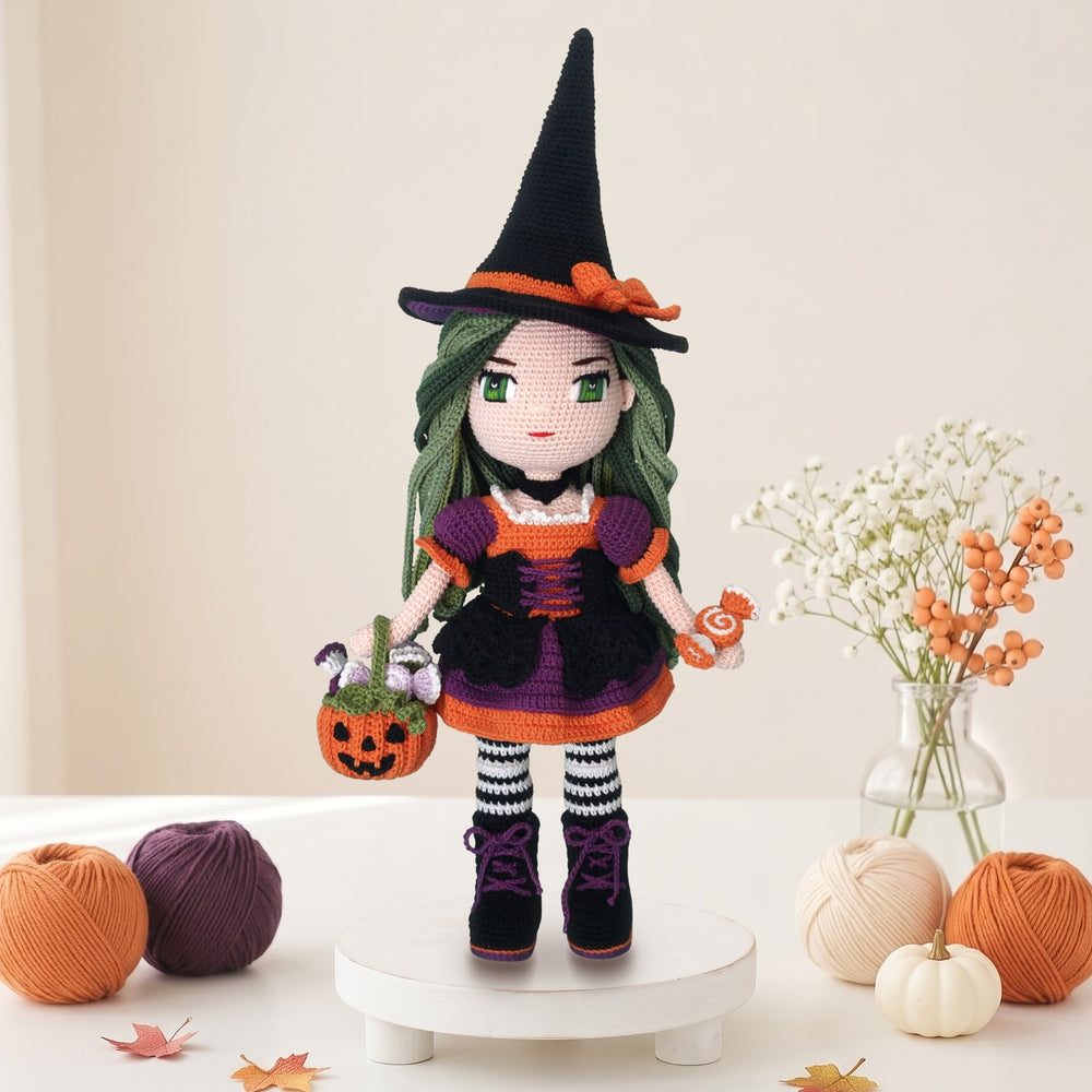 Witch Seraphine crochet doll pattern PDF, amigurumi witch doll with pumpkin basket