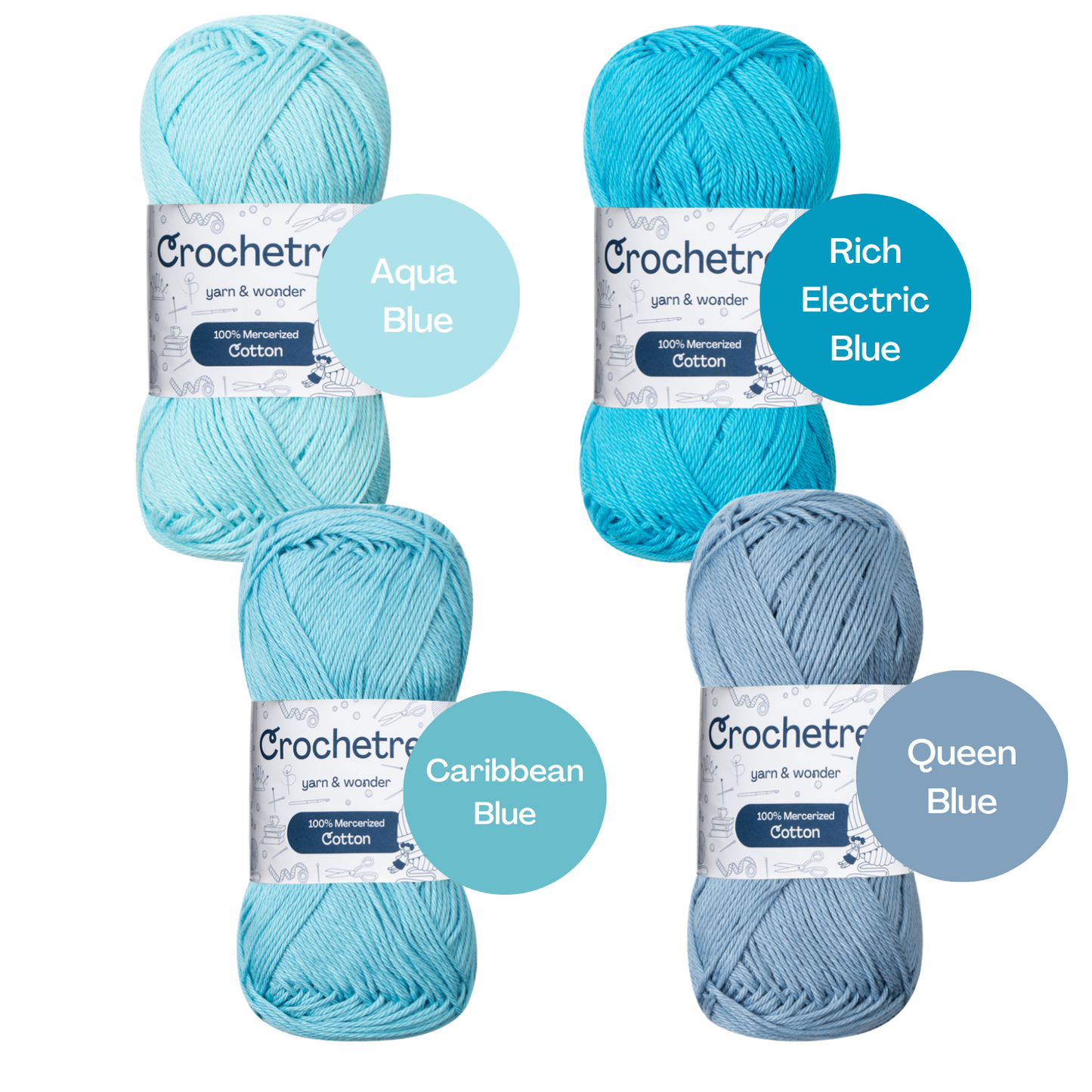 Crochetree Sky Blue yarn shades: 4 skeins labeled