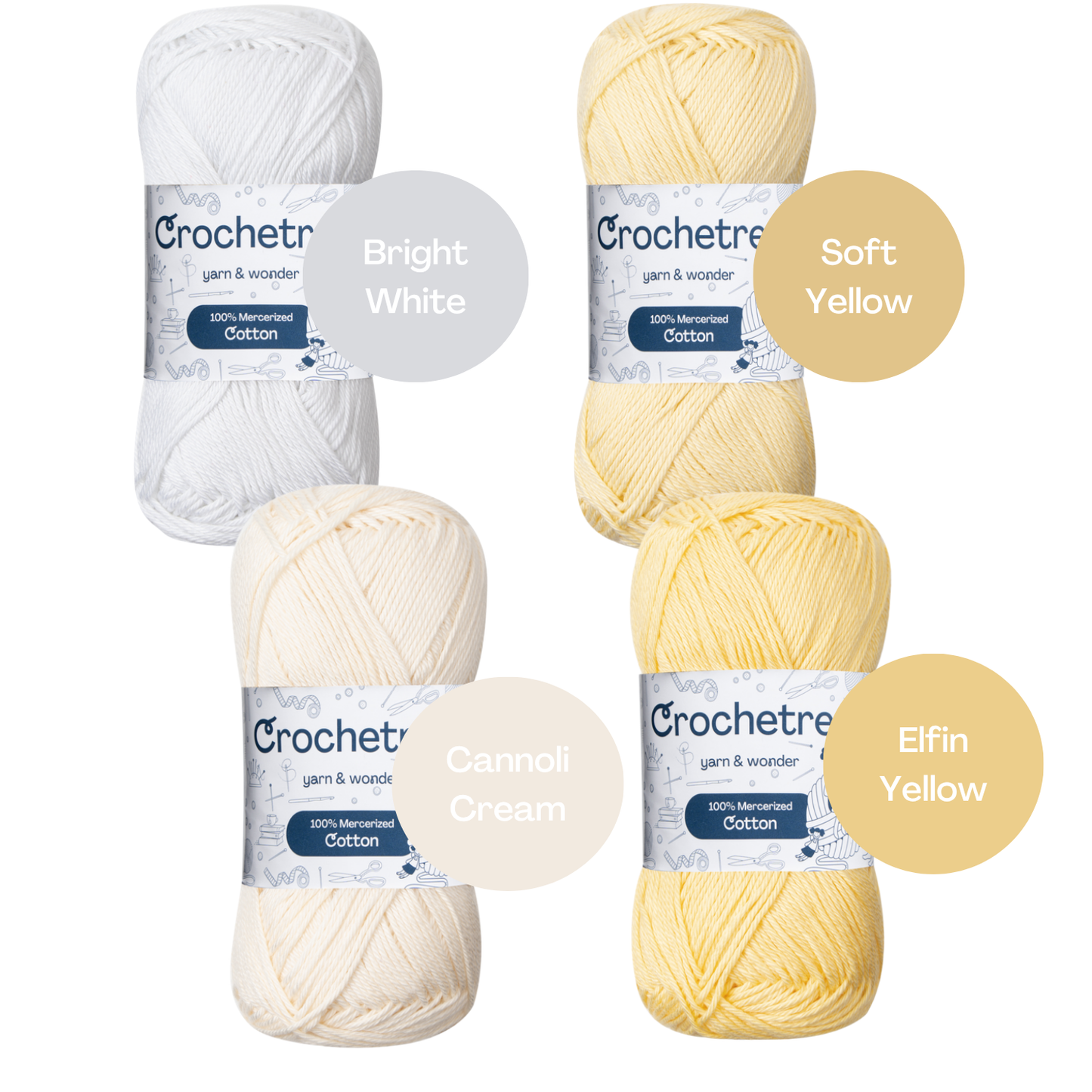 Crochetree Sunny Shades yarn shades: 4 skeins labeled