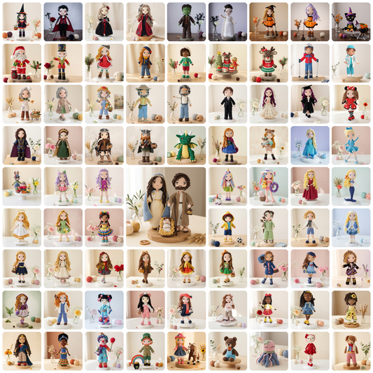 Every Crochetree doll and outfit pattern in one bundle: grid of all the crochet dolls