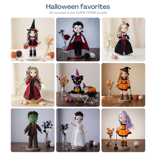 Every Crochetree doll and outfit pattern in one bundle: grid of all the crochet dolls