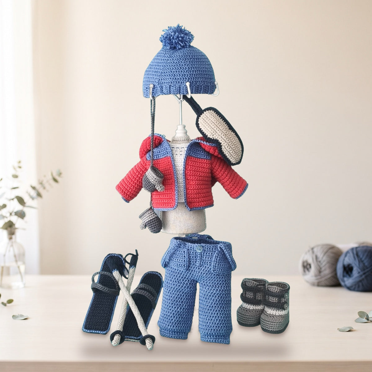 Thomas Skier crochet ski outfit pattern PDF, jacket, hat, pants, boots and skis