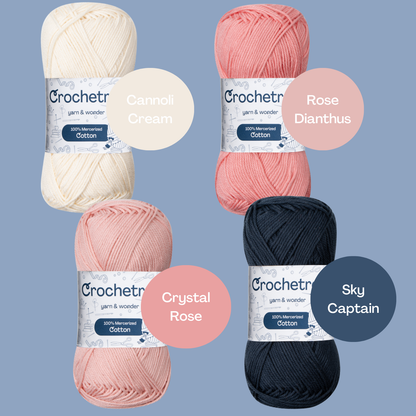 Crochetree Vintage Petals yarn shades: 4 skeins labeled