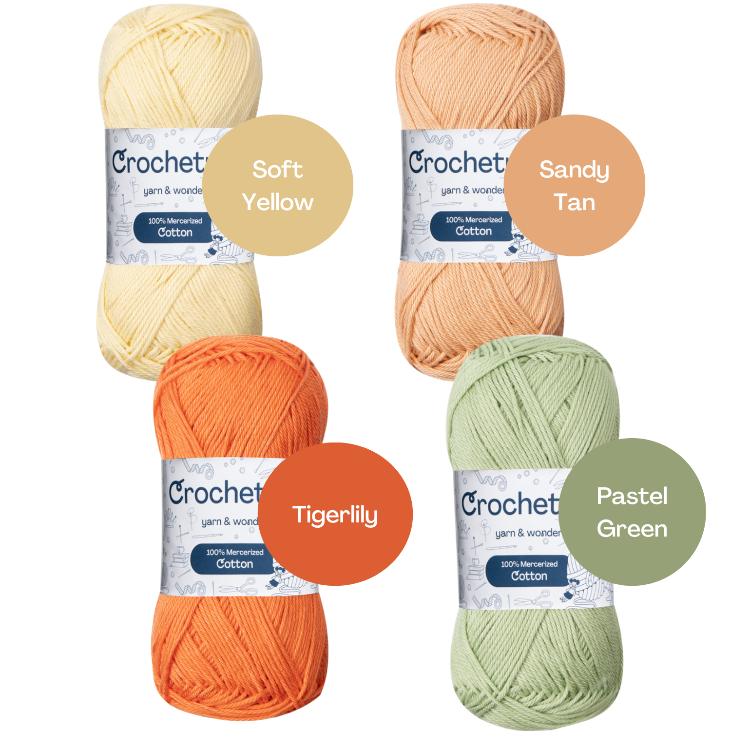 Crochetree Warm Summer yarn shades: 4 skeins labeled