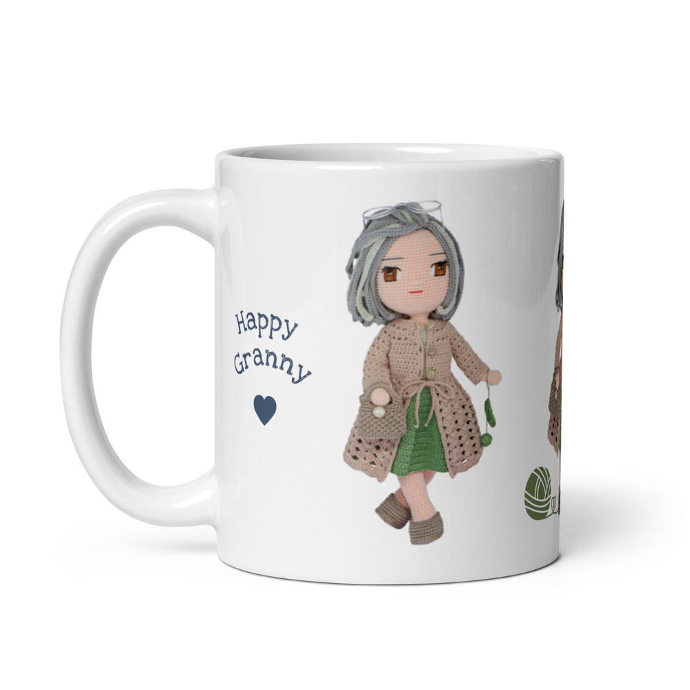 Crochetree Granny mug with Happy Granny text and heart, handle on left, white glossy mug