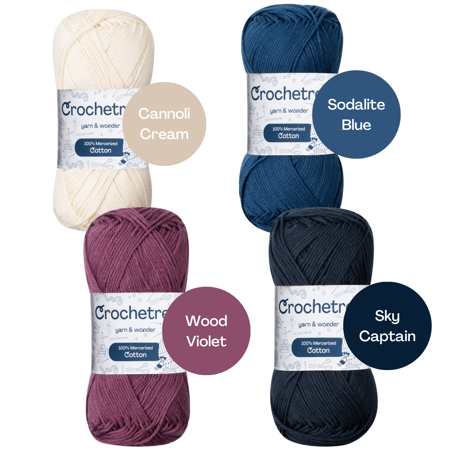 Crochetree Winter Festival yarn shades: 4 skeins labeled